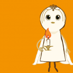 Nova Is Lost character flying up, holding a candle in front of her on a bright orange background