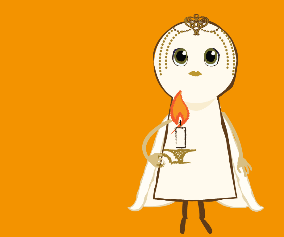 Nova Is Lost character flying up, holding a candle in front of her on a bright orange background