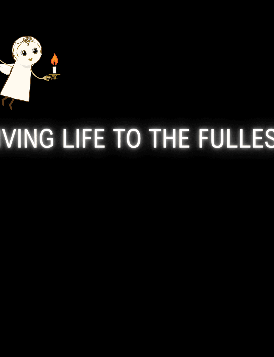 "Living life to the fullest" sits on a black background with an animated keyhole shape character called Nova flying with a candle