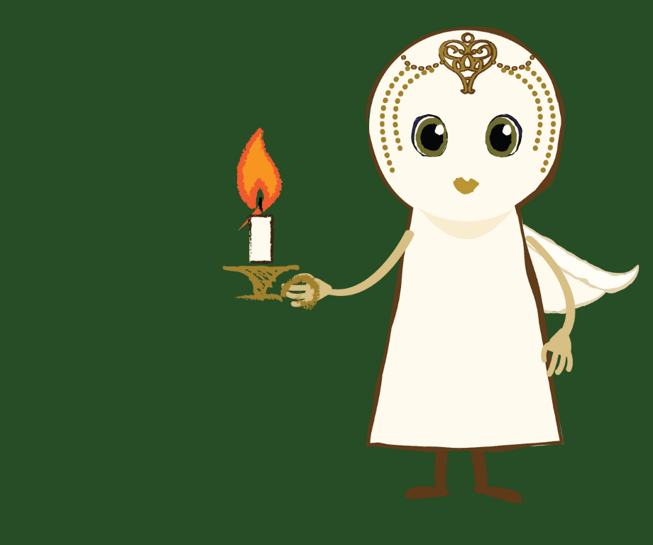Nova Is Lost character looking forward, holding a candle in front of her on a green background