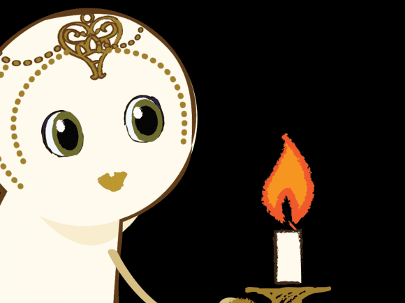 Nova Is Lost character flying in from the left holding a candle, with black background