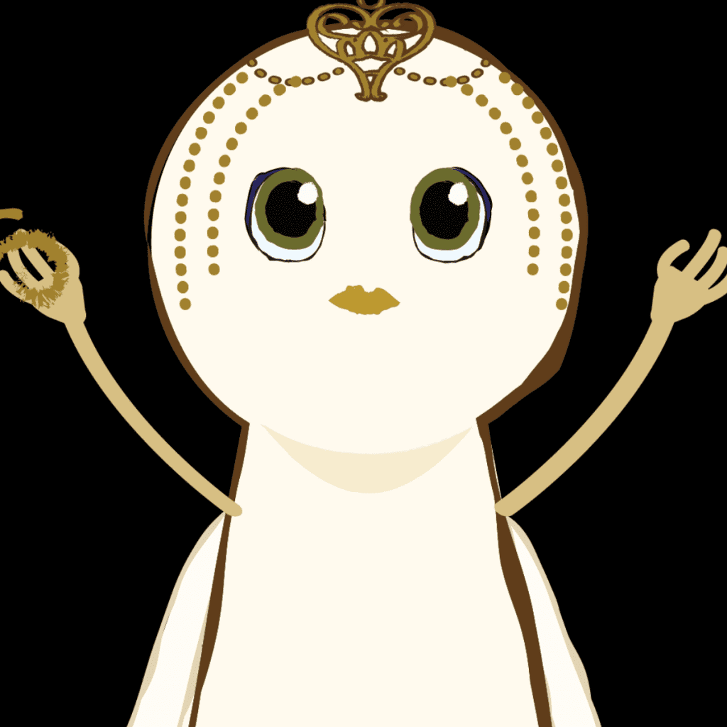 An animated keyhole shape character called Nova with arms up on a black background