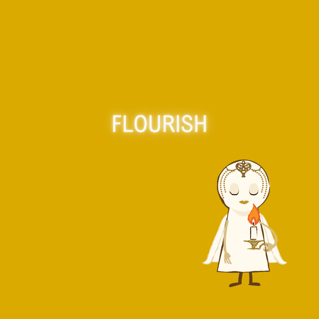"Flourish" alongside Nova Is Lost character with eyes closed holding a candle in front of her on a gold background