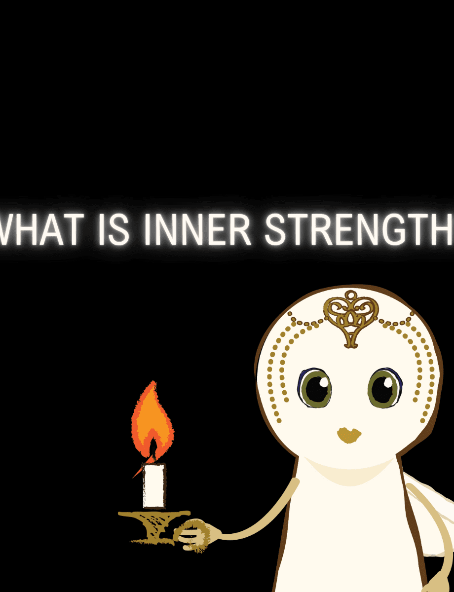 "What is inner strength" sits on a black background with an animated keyhole shape character called Nova holding a candle