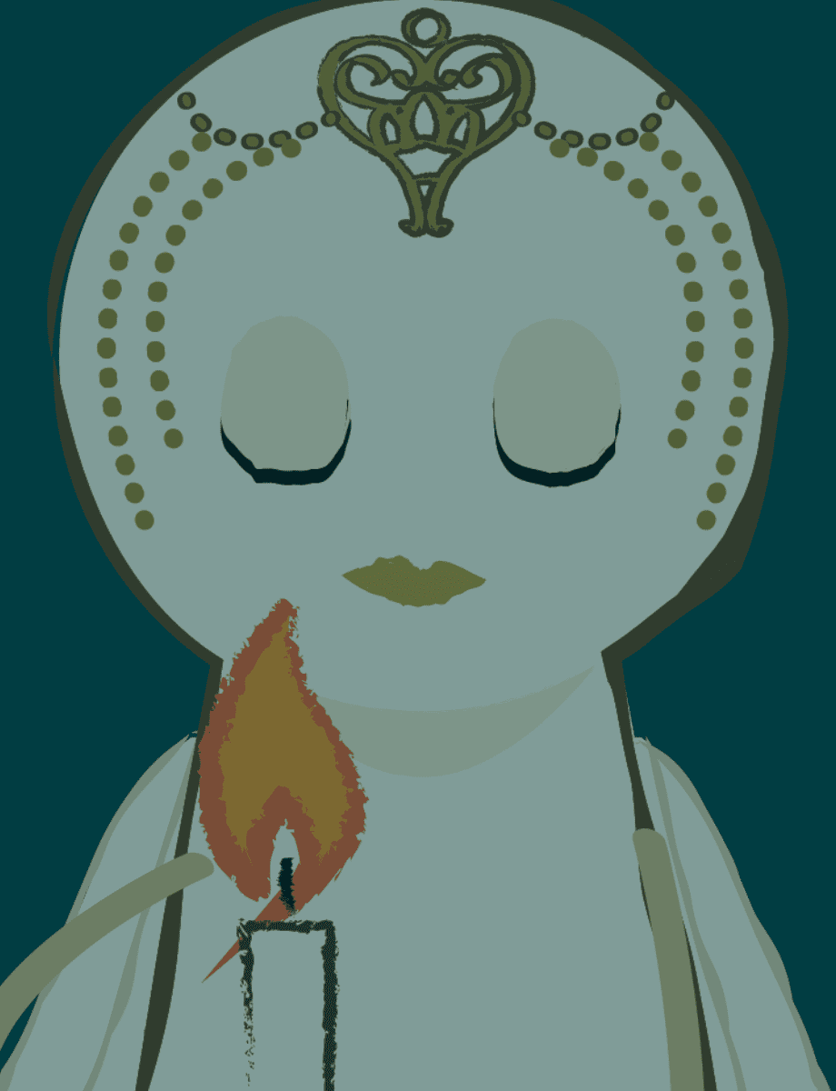 Nova Is Lost character with eyes closed, holding a candle in front of her amid a teal wash of colour