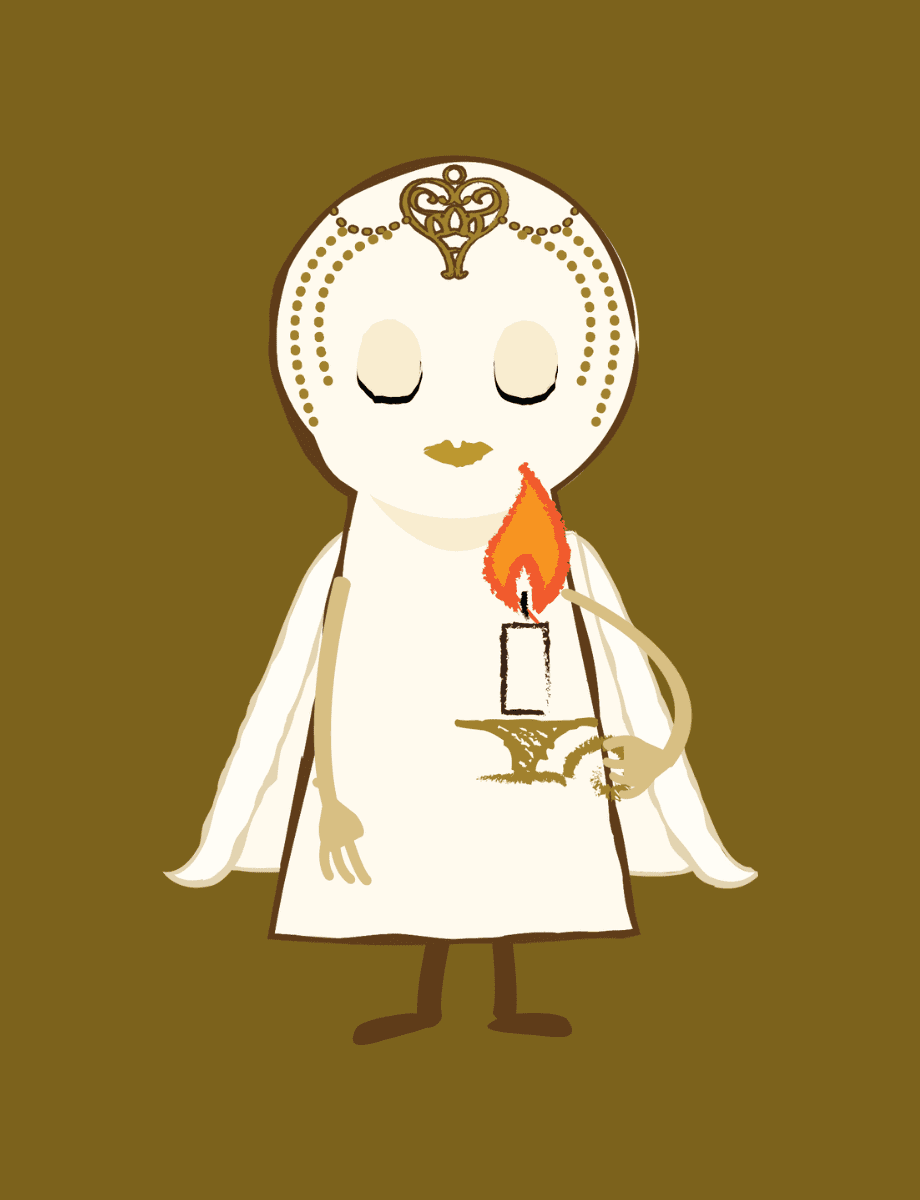 Nova Is Lost character with eyes closed holding a candle in front of her on a gold background