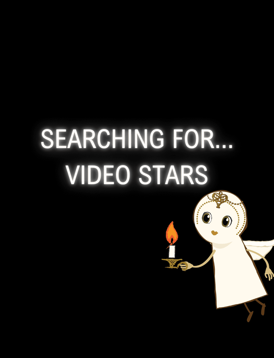 "Searching for video stars" sits on a black background with an animated keyhole shape character called Nova flying left holding a candle