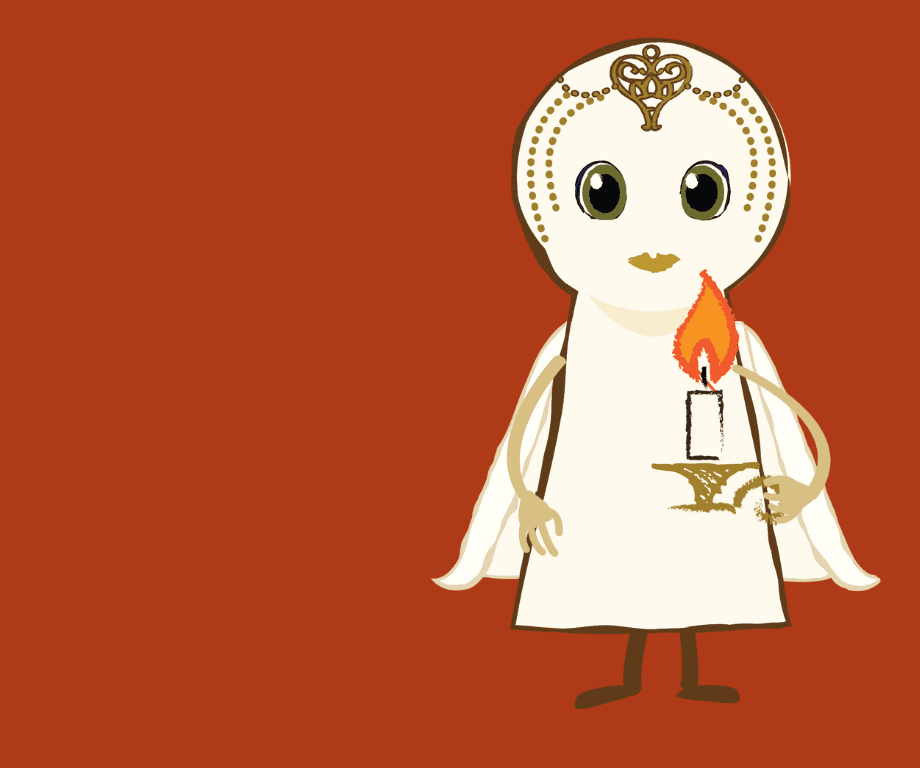 Nova Is Lost character looking forward, holding a candle in front of her on a red background