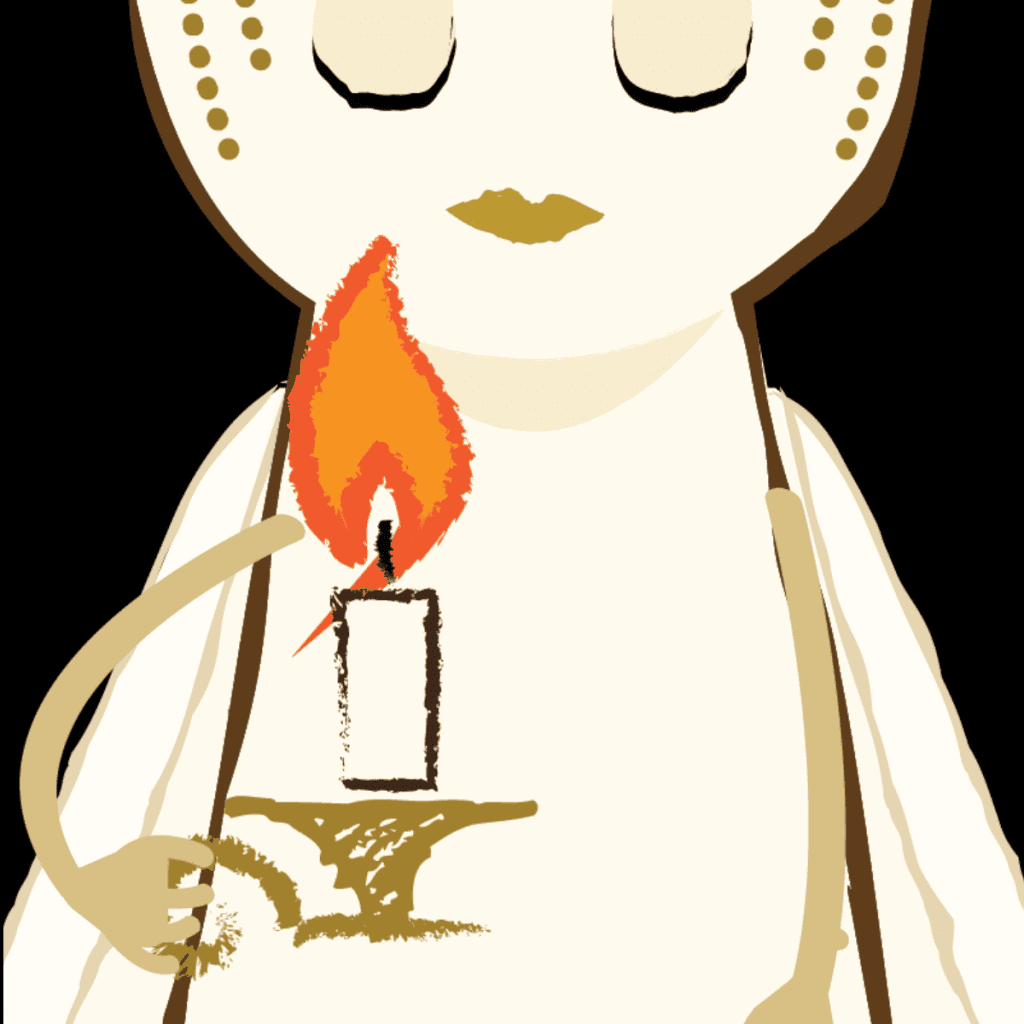 Nova Is Lost character with eyes closed, holding a candle in front of her on a black background