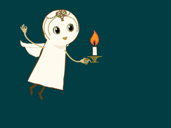 Nova Is Lost character flying in from the left holding a candle, with teal background