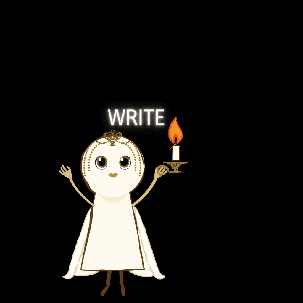 An animated keyhole shape character called Nova with arms up on a black background