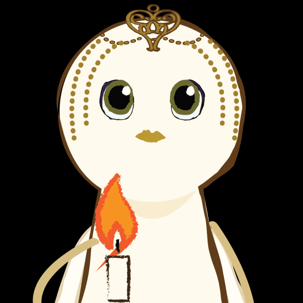 An animated keyhole shape character called Nova looking up with big eyes, on a black background