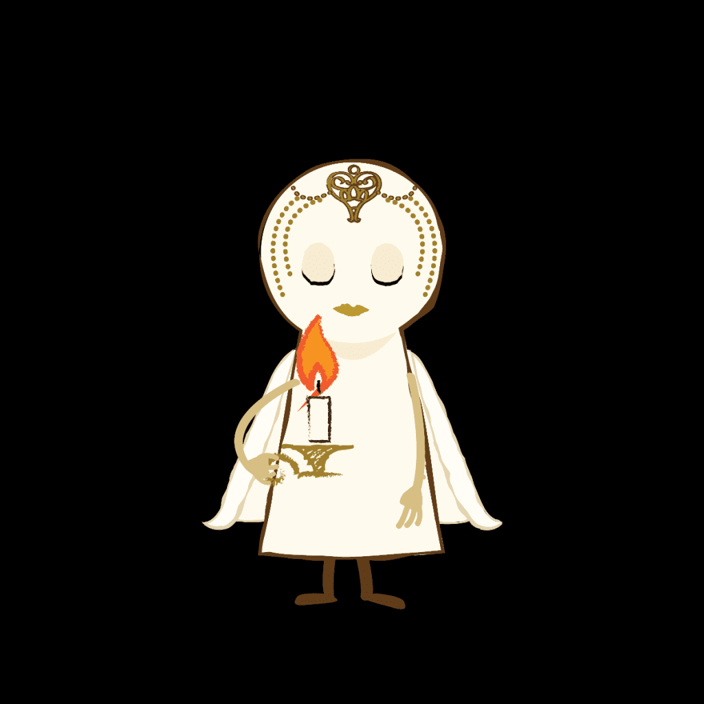 An animated keyhole shape character called Nova with eyes closed, on a black background