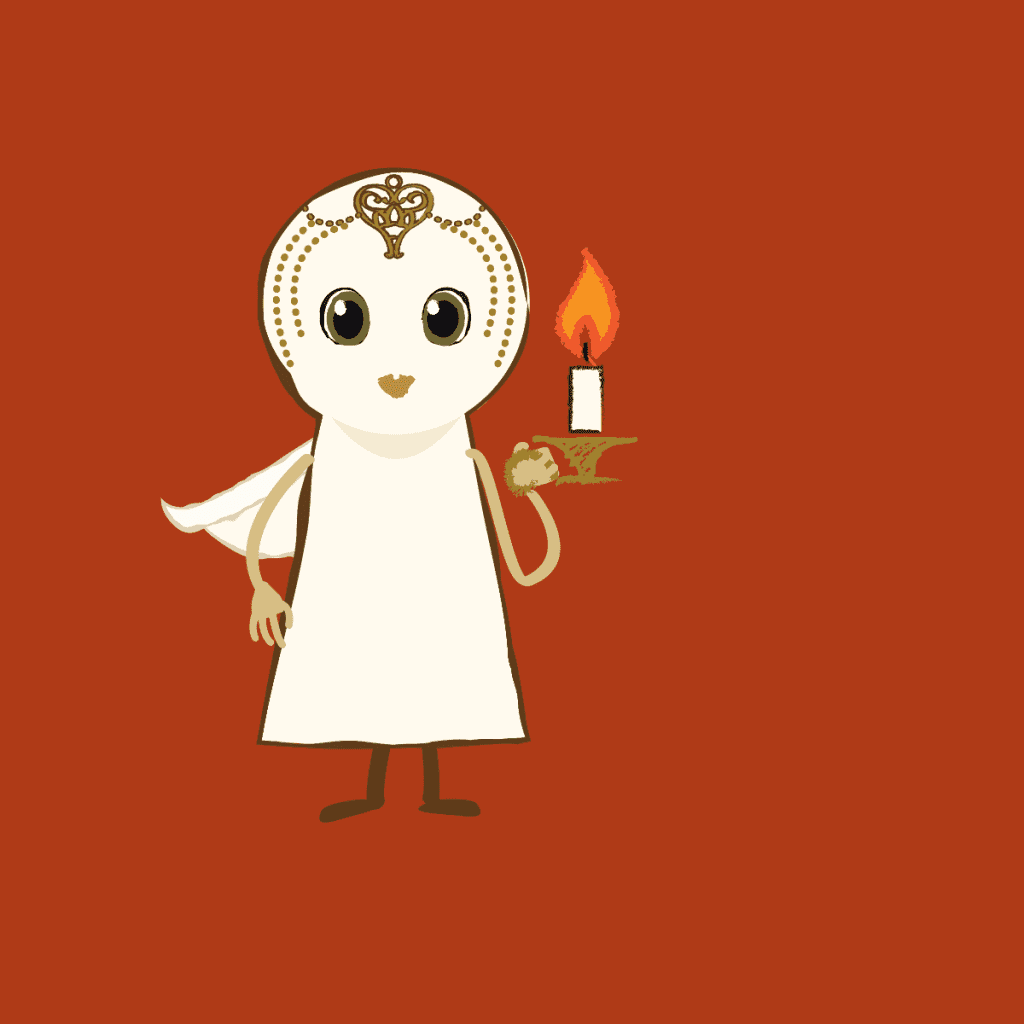 Nova Is Lost character looking forward, holding a candle to her left on a red background