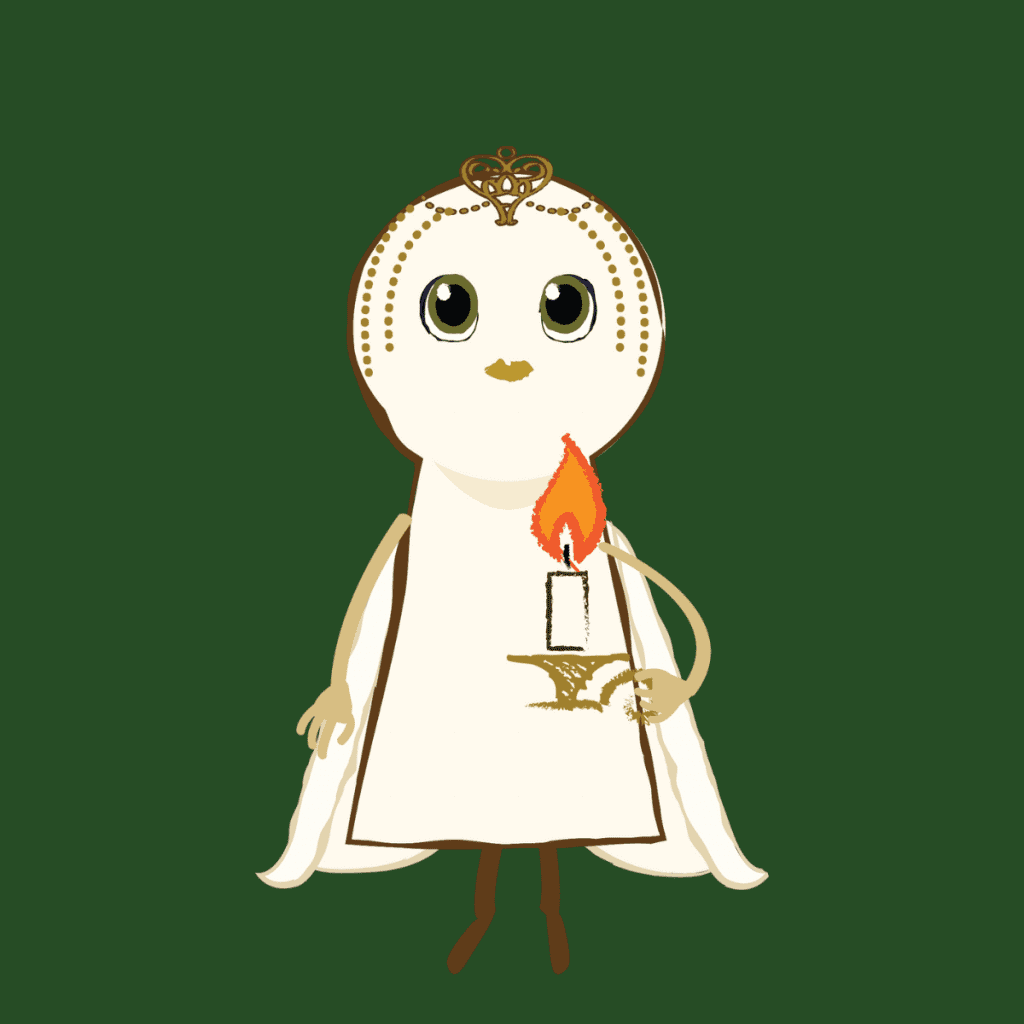 An animated keyhole shape character called Nova looking up with big eyes, on a green background