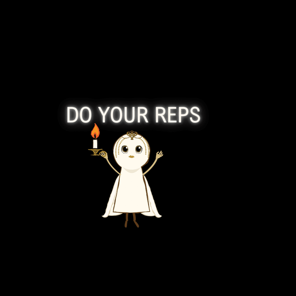 An animated keyhole shape character called Nova with arms up on a black background with "DO YOUR REPS"