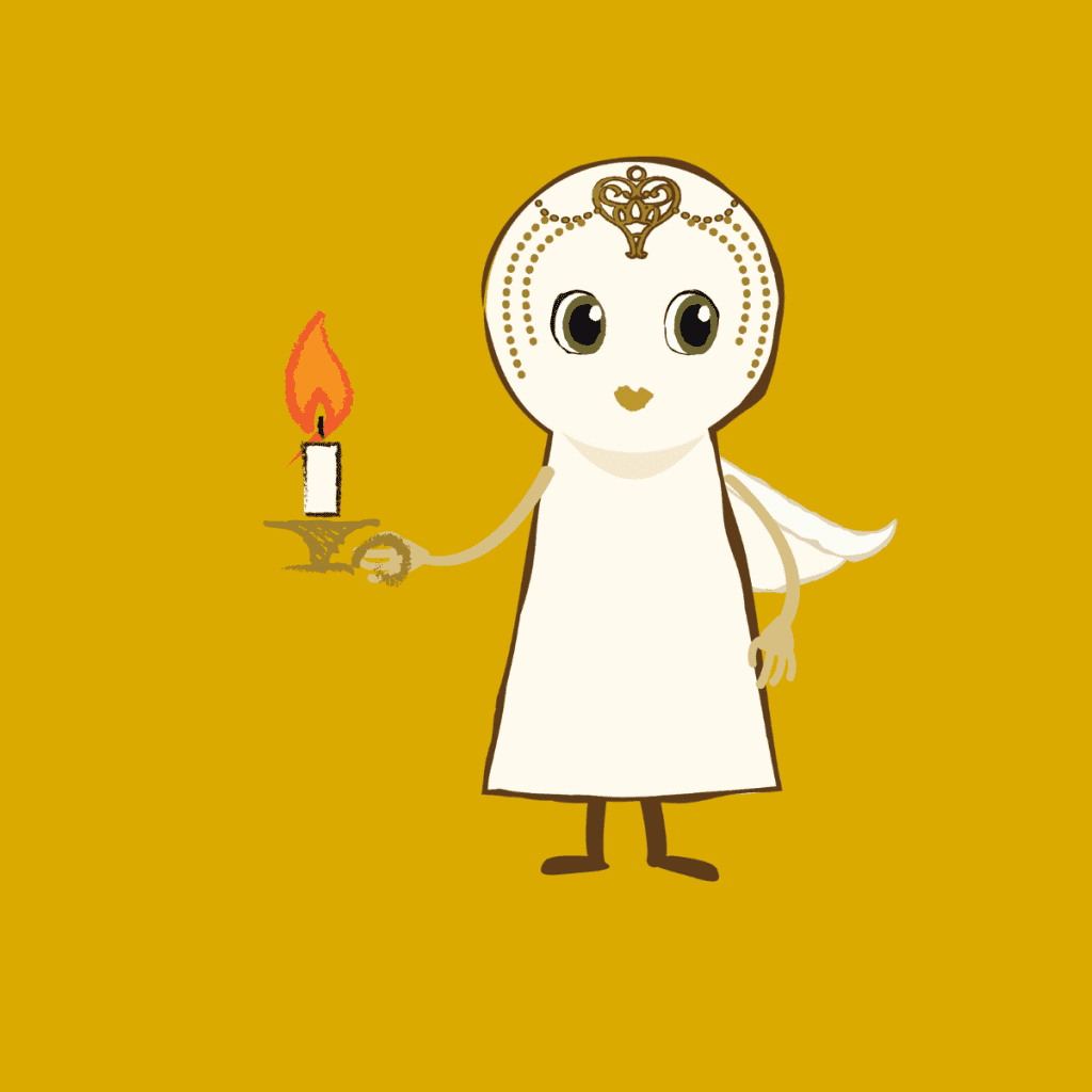 Nova Is Lost character looking forward, holding a candle in front of her on a gold background