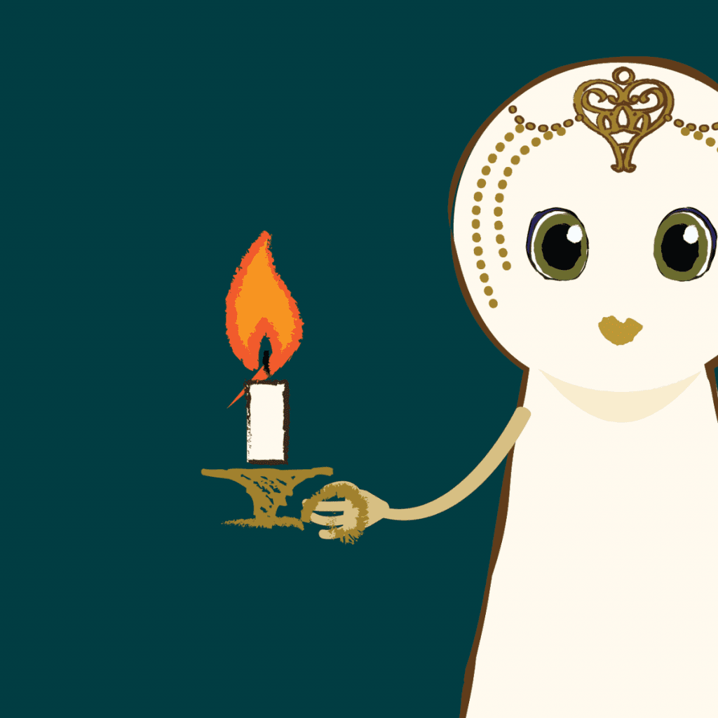 Nova Is Lost character looking forward, holding a candle in front of her on a teal background