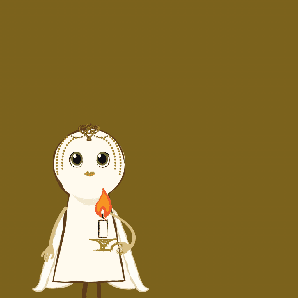 An animated keyhole shape character called Nova looking up with big eyes, on a brown background