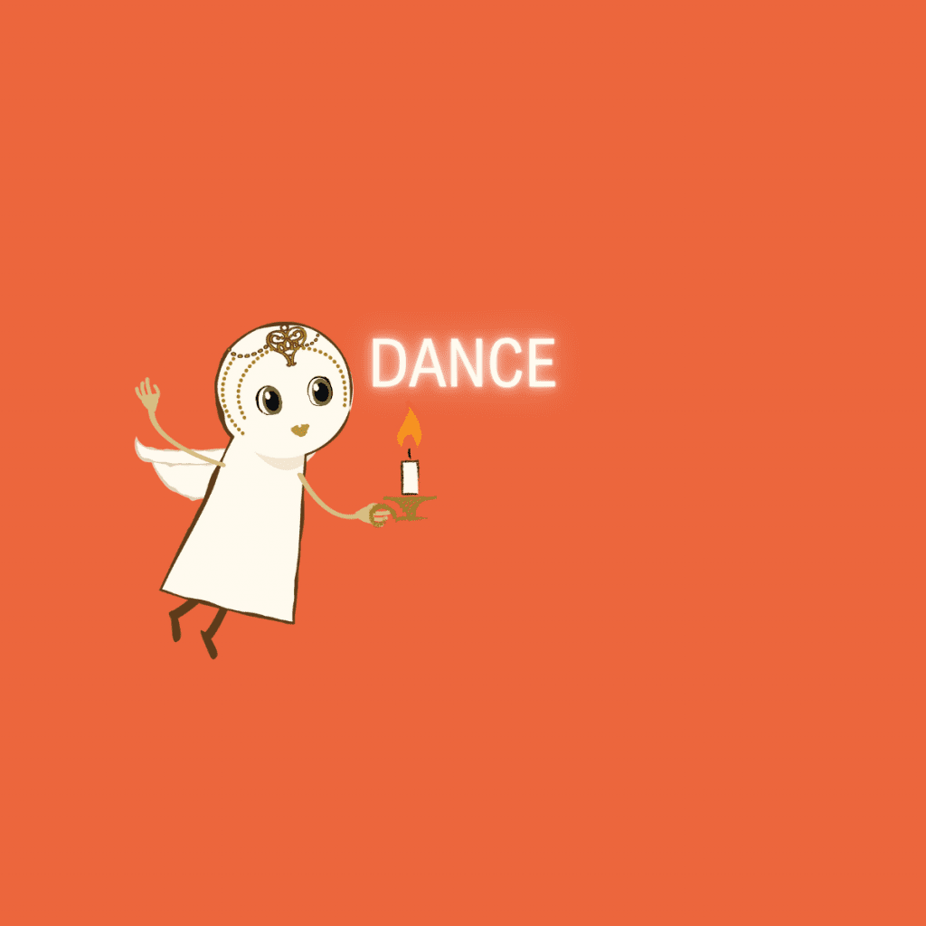 Nova Is Lost character flying in from the left holding a candle, with orange background and the word "DANCE"