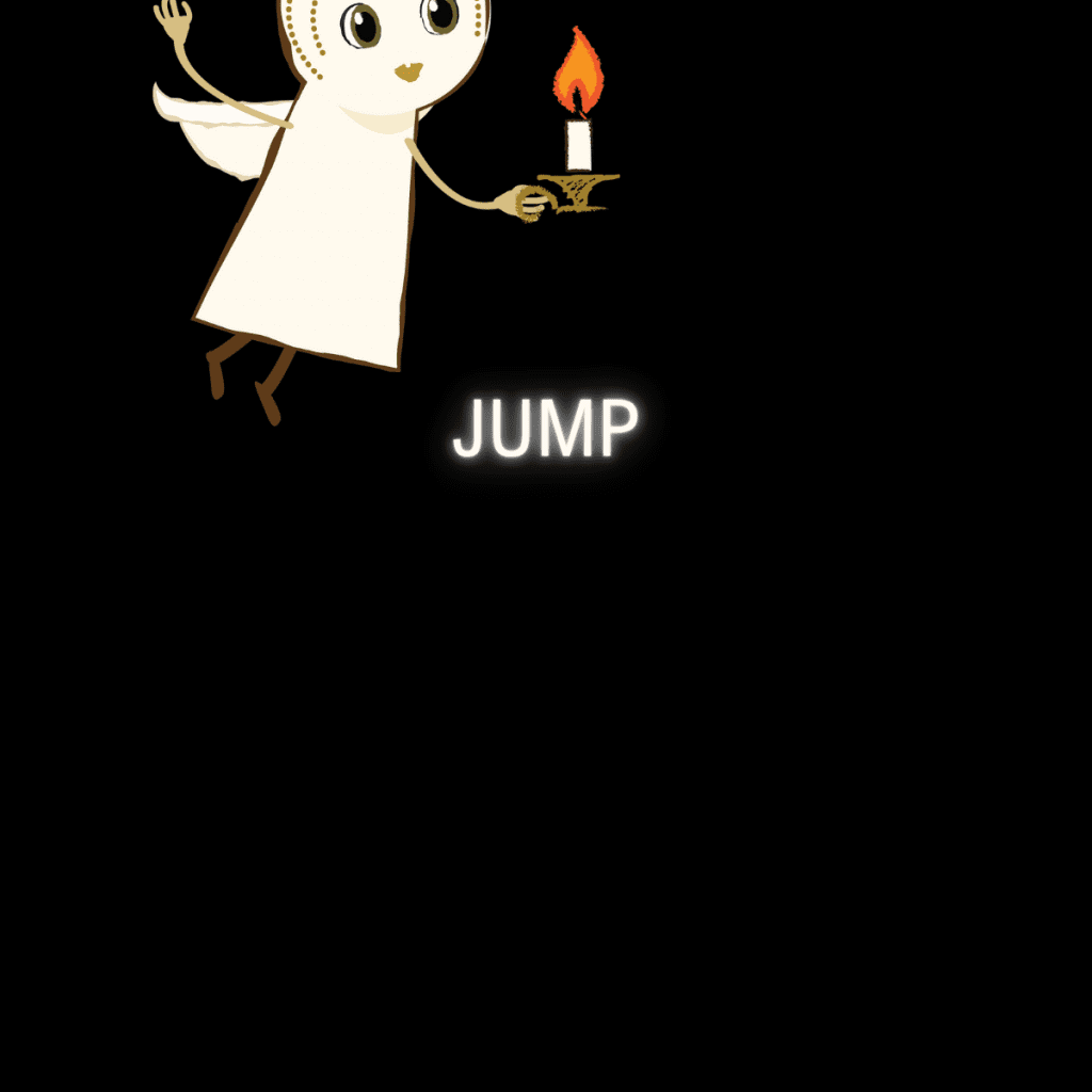 Nova Is Lost character flying in from the left holding a candle, with black background and the word "JUMP"