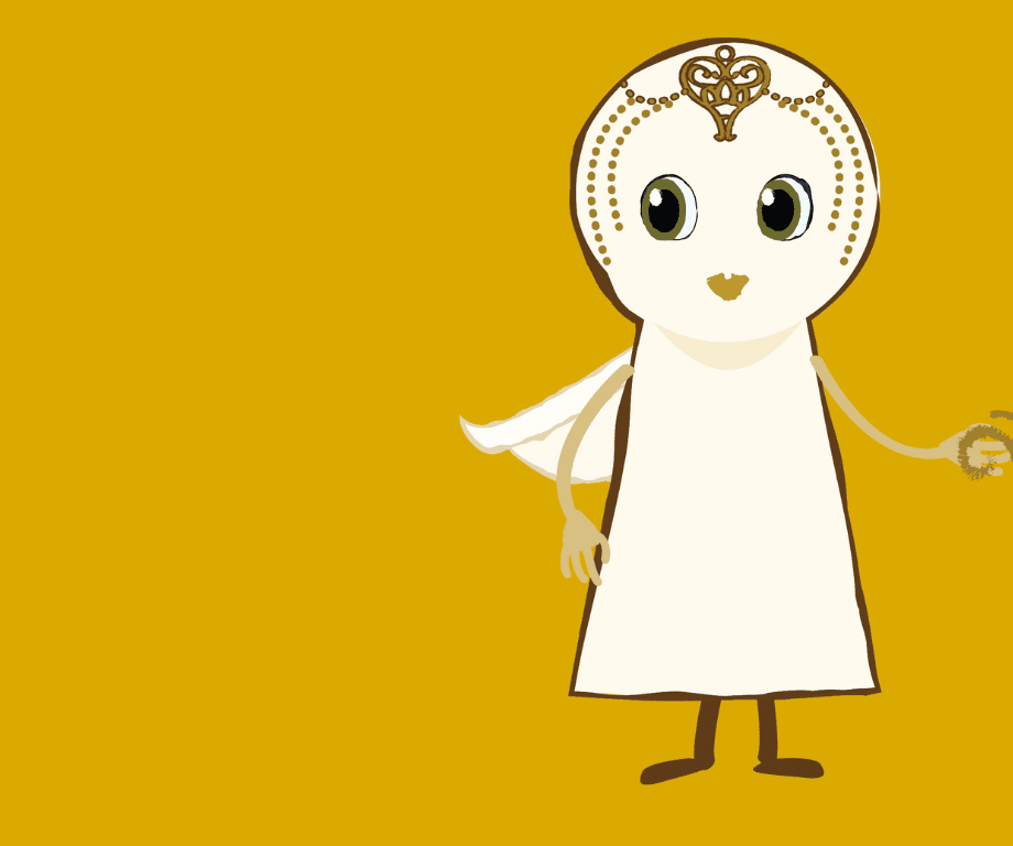 Nova Is Lost character looking sideways, holding a candle to the side of her on a gold background