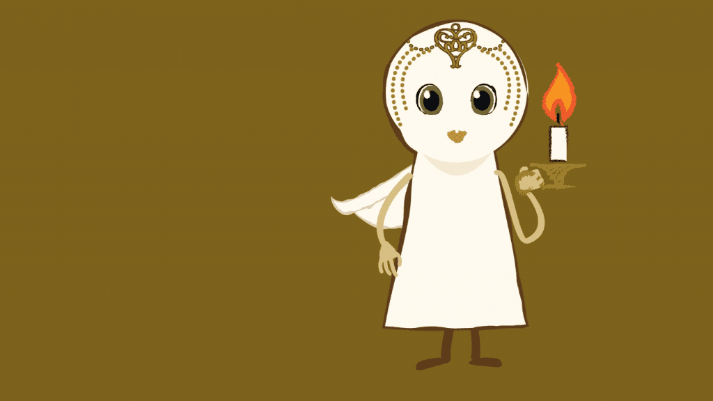 Nova Is Lost character looking straight ahead holding a candle to her side on a brown background